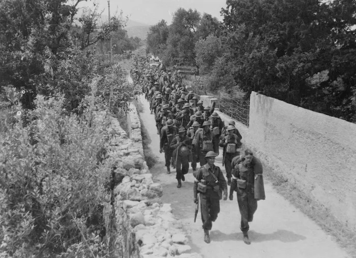World War II soldiers from New Zealand marching to a transit camp in Crete, Greece - Photograph taken by C R Ambury
