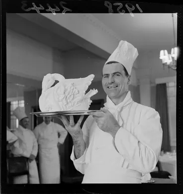 Image: Chef J Mulvay with Swan meringe for Premier dinner