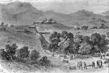 Image: [Artist unknown] :[Orakau pa, taken by British troops, April 22nd 1864. Derived from the Illustrated London News, 30 July 1864]