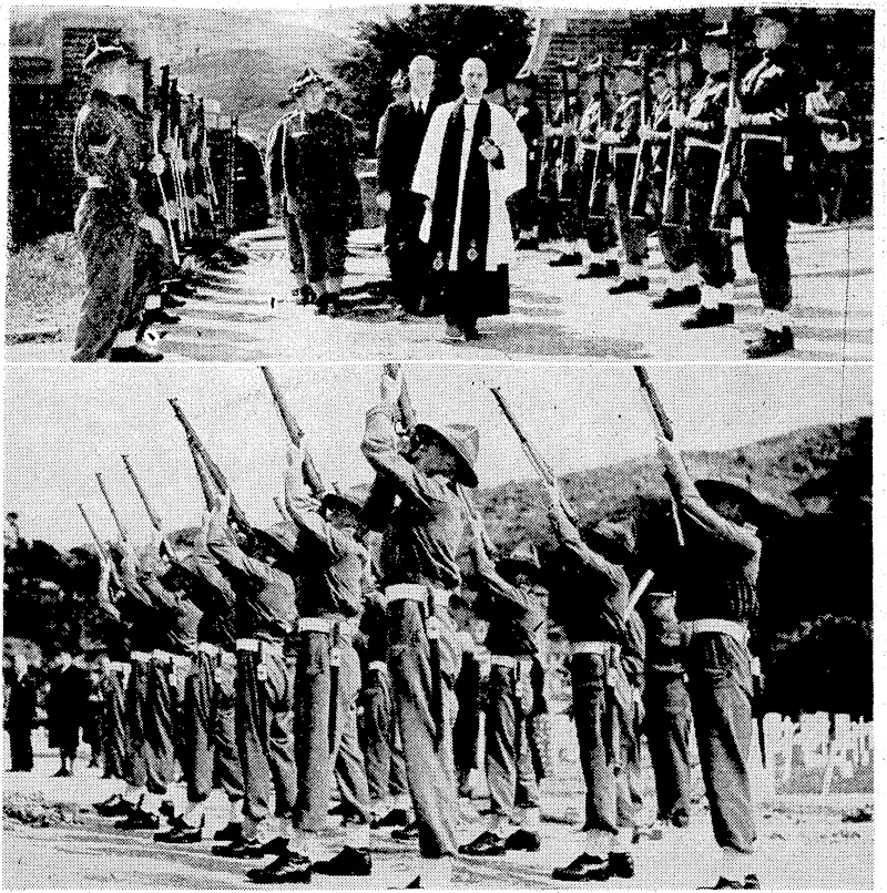 Scenes at the Soldiers' Cemetery, Karori, today, when two soldiers who died on board the hospital ship Maunganui were buried ivith full military honours. One was Lance-Bombardier John Lamb, Royal Artillery, and the other Private I. Summers, 2nd Gordon Highlanders, who had been prisoners of war in Japanese camps. Top, the cortege entering the Soldiers' Cemetery. Below, the firing party. (Evening Post, 10 October 1945)