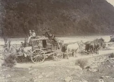 Image: Cassidy's coach, West Coast Road near Otira Gorge, New Zealand, 1895