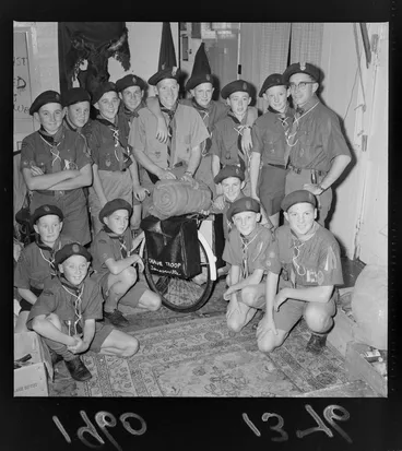 Image: Group portrait of Johnsonville 'Takahe' Scout Troop members in uniform within an unknown house location, Johnsonville, north Wellington