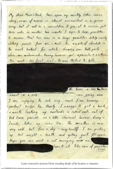 Image: Letter censored to prevent Denis revealing details of his location or situation