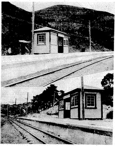 Image: Evening Post", rhotb; Awarua. Street (top) and Simla Crescent, two new stations between Ngaio and- Khandallah, which will be used shortly for:the lighter 'ordinary midday train's and will irnprovejhe convenience, of .the service when the, Wellington-Johnsonville line is- electrified. (Evening Post, 05 January 1938)
