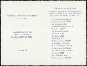 Image: City of Lower Hutt :Naturalisation ceremony in the Council Chambers, Lower Hutt, Monday, 3rd April, 1967. [Inside spread]