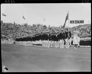 Image: New Zealand team at the 1950 British Empire Games opening, Eden Park, Auckland