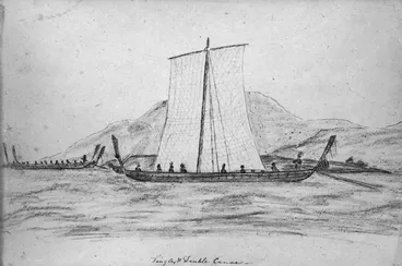 Image: Pencil sketch of single and double hulled canoe
