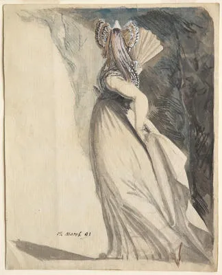 A Woman with a fan, standing, seen from the back