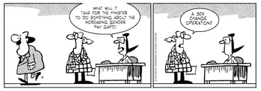 Image: "What will it take for the minister to do something about the increasing gender pay gap?!!" "A sex change operation?" 6 August 2010