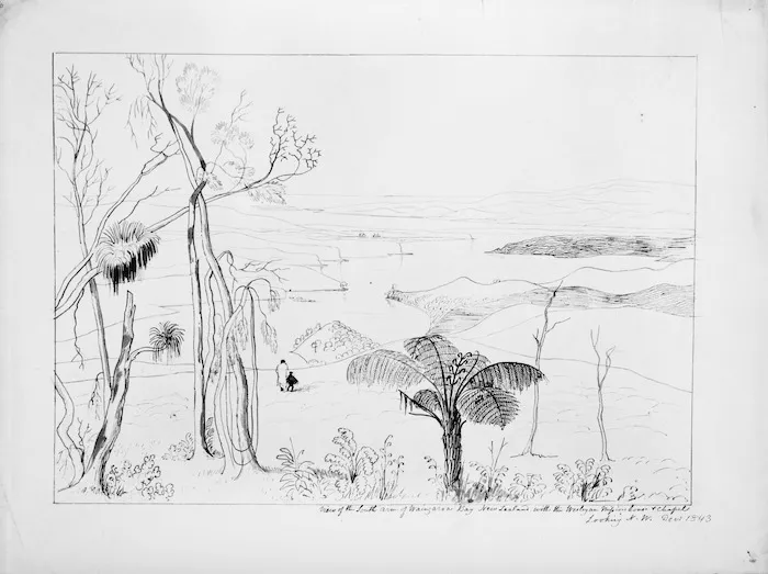 [Ashworth, Edward] 1814-1896 :View of the South arm of Waingaroa Bay, New Zealand with Wesleyan Mission House & chapel. Looking N.W. Dec. 1843