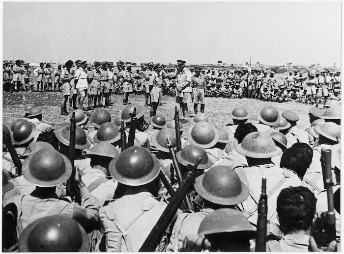 General Freyberg addresses the men of the 3rd Greek Brigade at Taranto, Italy