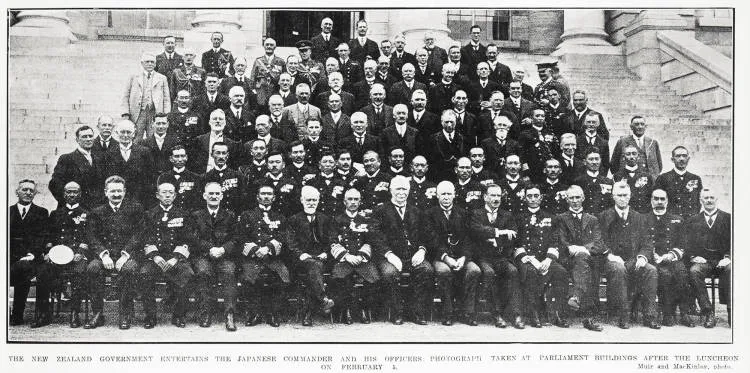 The New Zealand government entertains the Japanese Commander and his officers: photograph taken at Parliament Buildings after the luncheon on February 5