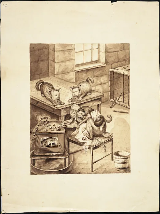 [Gordon, William Francis] d. 1936. Attributed works :[Fighting politicians. Cartoon of George McLean, James Macandrew, George Grey, and William Larnach] Quiz. 1877