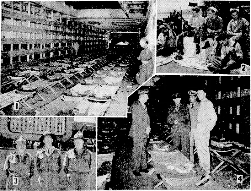 Interior of one of the LSTs equipped to carry Japanese prisoners of war back to Japan. 1, Tank deck with bunks and stretchers for the prisoners. 2, Members of the crew give their Tommy-guns an oiling. 3, Nciv Zealand Army personnel accompanying the prisoners; from t/ie left, Staff-Sergeant J. Owens, Captain A. Ashton, interpreter, and Sergeant W. A. Taylor. 4, Brigadier N. W. McD. Weir, Quartermaster-General, discusses the accommodation with Major G..H. Heal, of his staff, Lieutenant Gregg.MUlelt, U.S.N.R., supply officer of the U.5.J.P.8., and Lieutenant' (j.g.), F. E. Guedry, commander of LST 273. (Evening Post, 29 December 1945)