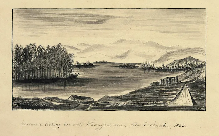 Carbery, Andrew Thomas H 1836-1870 :Meremere looking towards Whangamarino. New Zealand. 1863. / A. T. H. C.
