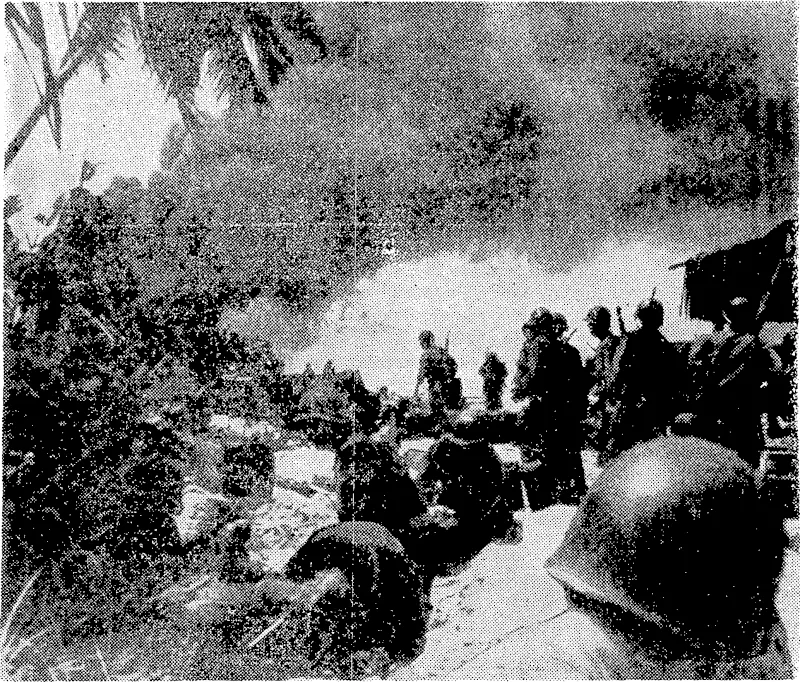Troops of the 1651h American Infantry Brigade, formerly known as New York's "Fighting' 69th," landing on a beach at Makin Island in the early stages of the recovery it. the Pacific area. These men are advancing under fire from Japanese snipers. (Evening Post, 15 August 1945)