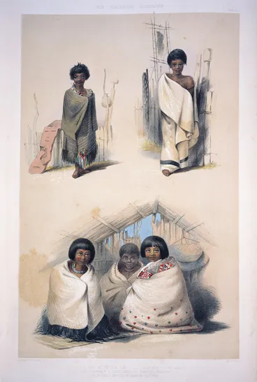 Image: Angas, George French 1822-1886 :A girl at Pipitea Pah. A boy of Te Aro. E Rangi and E Tohi, girls of Port Nicholson with Kiko, an old woman of Tiakiwai. George French Angas [delt et lith]. Plate XXXI 1847.