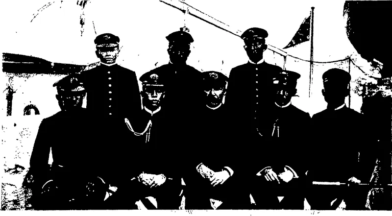 JAPANESE CRUISERS IN NEW ZEALAND WATERS: OFFICERS OF THE  FLAGSHIP ITSUKUSHIMA AT WELLINGTON.  Back Kow: Midshipman Minaini. Sub.-Lieut. Umeda. Midshipman Somoda.  Fsont Row: Lieut. Nagamatsu, Lieut.-Com. Saito, Admiral Tomioka, Lieut. Tamura, Sub.-Lieut. Inano. (Photos by Muir and Mackmlay.) (Otago Witness, 10 April 1907)