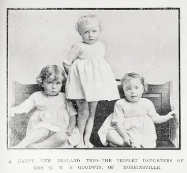 Image: A happy New Zealand trio: the triplet daughters of Mrs. G. W. S. Goodwin, of Morrinsville