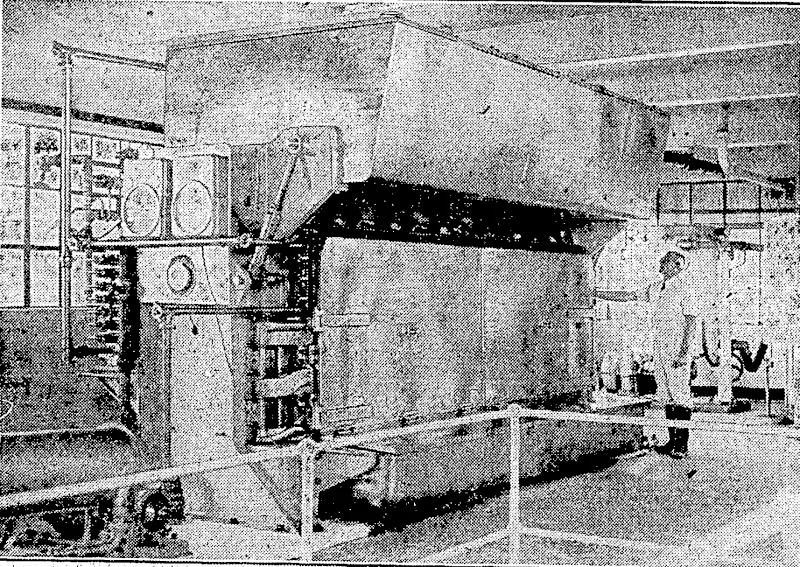 Wellington's milk supply is received, pasteurised and bottled m the Municipal Milk Depot. The photograph shows a pasteurising and cooling xinit made of stainless steel. (Evening Post, 08 February 1935)