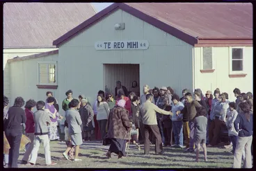 Image: Māori Land March participants outside Te Reo Mihi wharenui