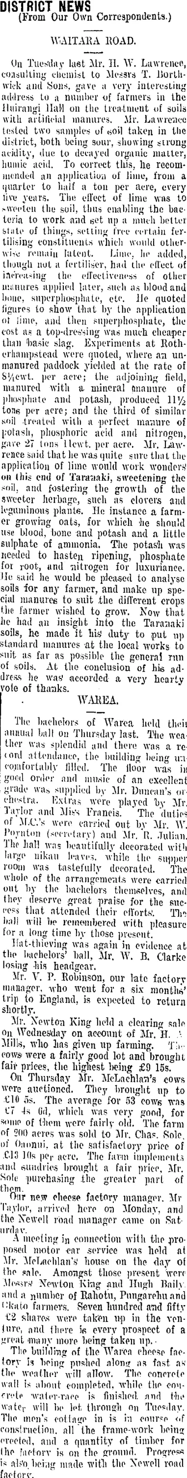 DISTRICT NEWS (Taranaki Daily News 17-8-1909)