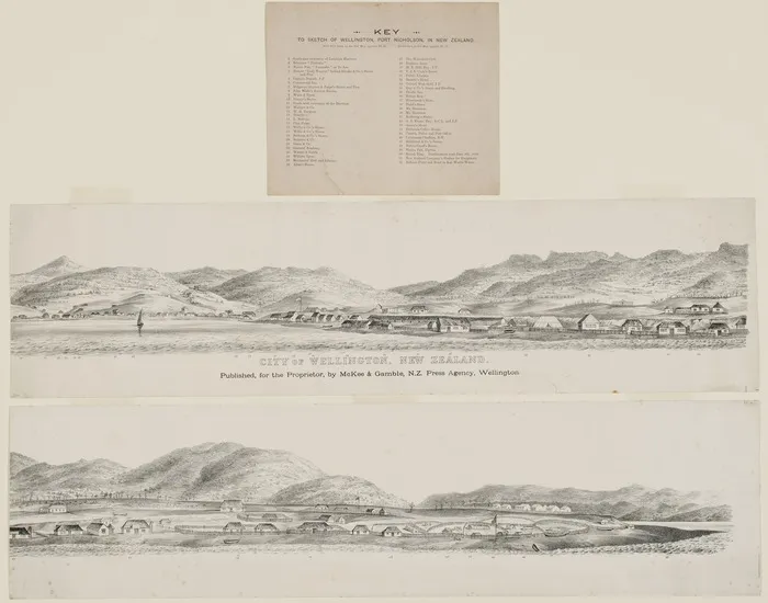 Nattrass, Luke 1803?-1875 :City of Wellington, New Zealand. 1841. [W. Richardson lithographer from a sketch by L. Nattrass. 3rd edition?]. Wellington, Published for the proprietor by McKee and Gamble, N Z Press Agency [ca 1890]