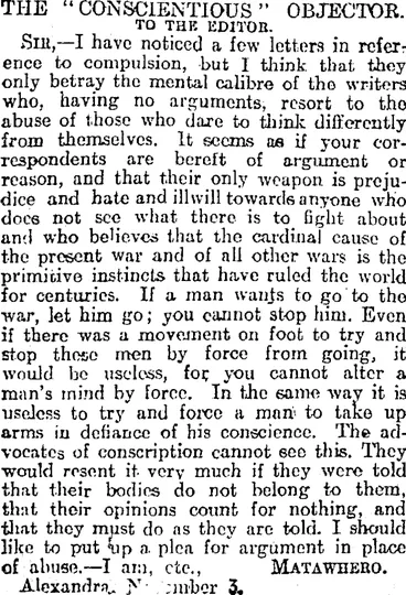 Image: THE "CONSCIENTIOUS" OBJECTOR. (Otago Daily Times 9-11-1915)