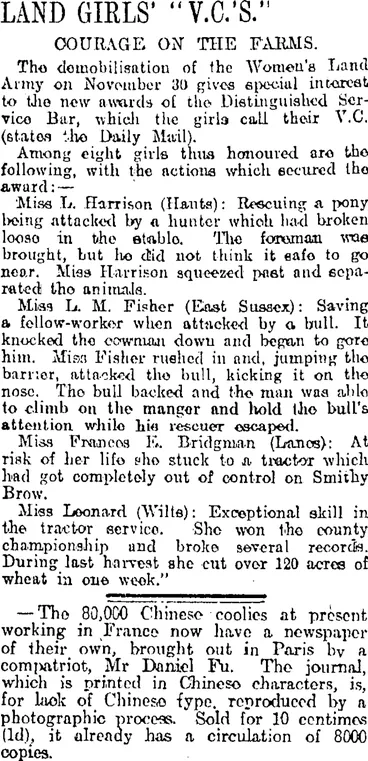 Image: LAND GIRLS' "V.C.'S." (Otago Daily Times 8-1-1920)