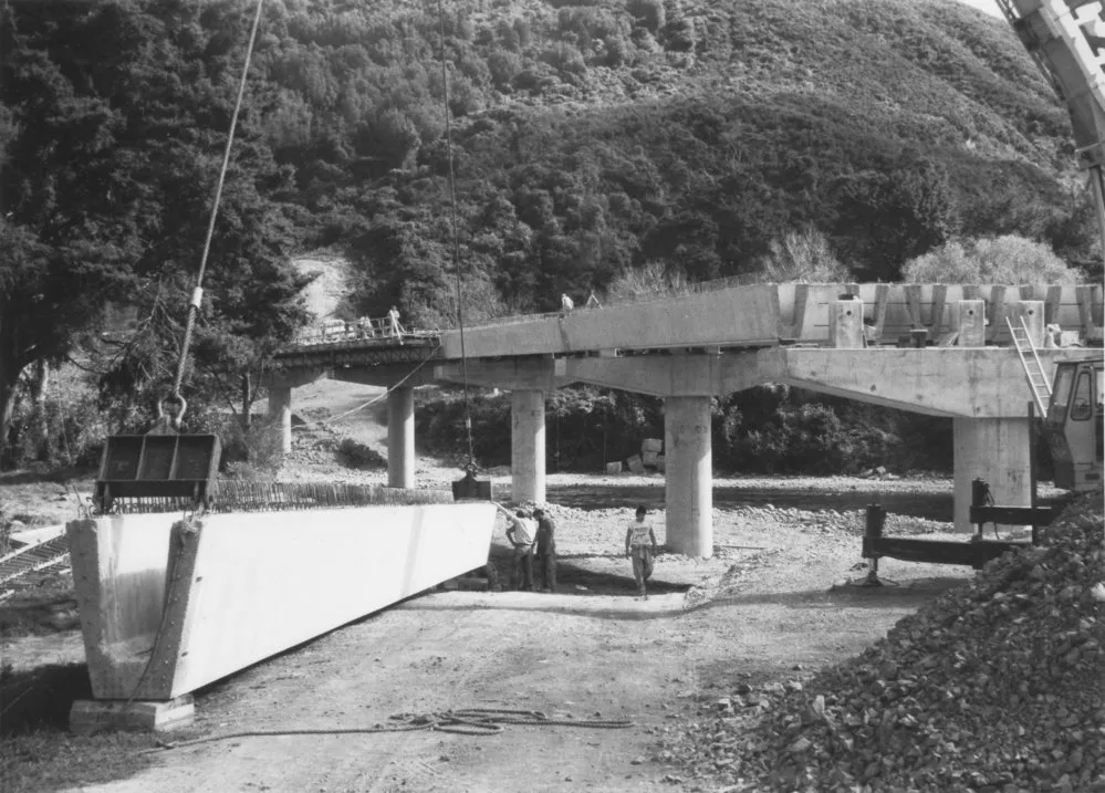 River Road construction; Moonshine bridge; first beam of last span ready for placing.