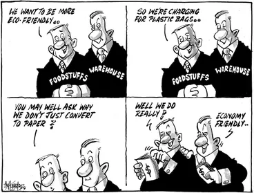 Image: "We want to be more eco-friendly... So we're charging for plastic bags... You may well ask why we don't just convert to paper? Well we do really!" "Economy friendly.." 21 April 2009