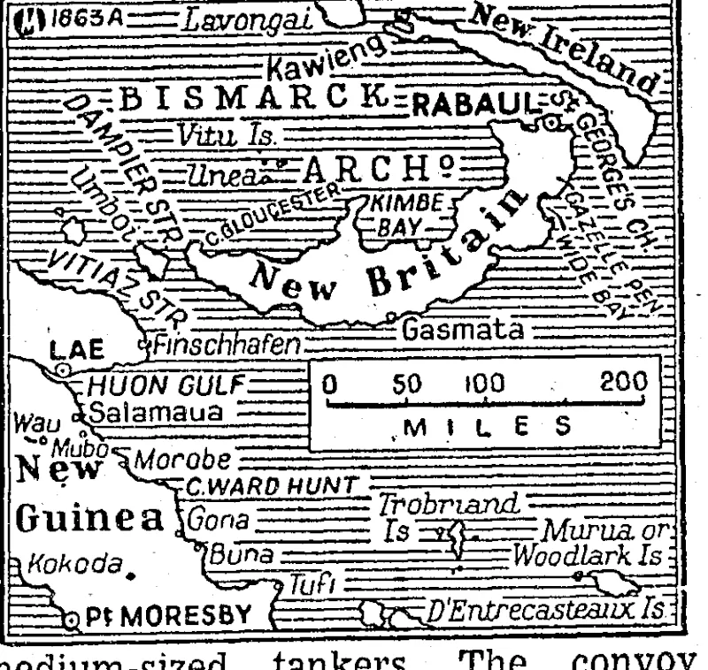 medium-sized tankers. The convoy was attacked about 45 miles northwest of Rabaul. General Mac Arthur's communique, which reports these successful aerial attacks, also states that the A.I.F. forces attacking Satelberg, New Guinea, continue to increase their pressure on the enemy. The Japanese entrenched around the township are still being pounded by our tanks and artillery . . .■,. The Australians are receiving telling air support. Allied fighter patrols minimised enemy air opposition to the Australian advance by dispersing 27 ! raiders and shooting down one. Low-flying Mitchell medium bombers and speedy Thunderbolt -■ fighters made sweeps along the northern New Guinea coast in the Hansa Bay area. The Japanese failed to put up any air [interception, but anti-aircraft fire cost us one plane. • , ■ >. Seven enemy barges and a lugger were destroyed. (Evening Post, 23 November 1943)