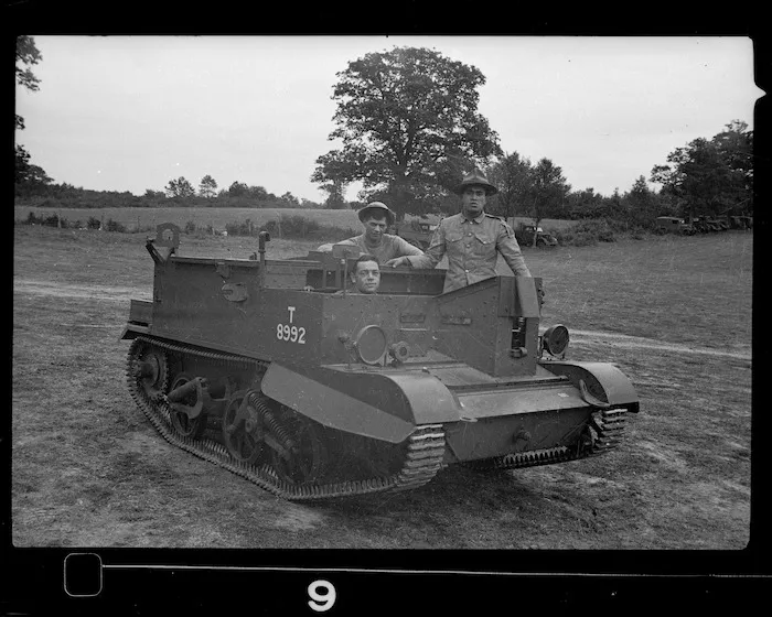 Members of the Maori Battalion on a Bren gun carrier, England, during World War II