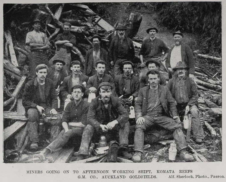 Miners going on to afternoon working shift, Komara reefs G.M. Co., Auckland Goldfields