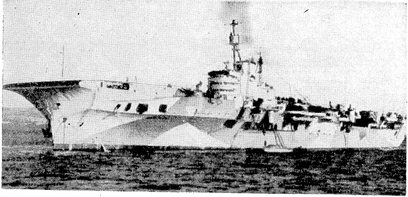 British Official Photo—VlA BEAM WIRELESS. First picture of Britain's newest aircraft-carrier, the Indefatigable, which it was recently revealed took part in the big attacks by the British East Indian Fleet on Japanese oil supplies on January 24 and 29. (Evening Post, 15 February 1945)