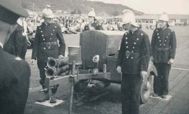 Image: Silverstream Volunteer Fire Brigade; competitions; 1959, Greymouth; trailer pump