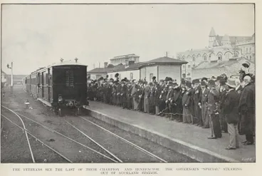Image: The veterans see the last of their champion and benefactor. The Governor's 'special' steaming out of Auckland station