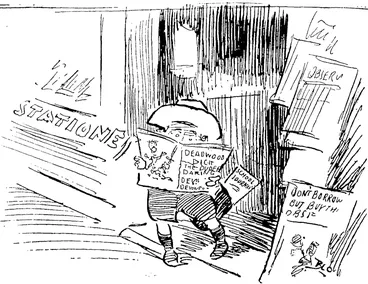 Image: Head Master (to father of pupil) : Ah! Here's your quota of the Government grant for a free text book for your boy. Tve got a lot to deliver, so ta-ta ! The Pupil. The bloomin' " School Journal's " good enough forme. Here goes to splash my share in a slashin' book for our school library. (Observer, 17 July 1909)