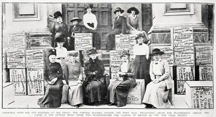 Christmas gifts for our soldiers at the front: the parcels stacked outside the Town Hall, Wellington, ready for transmission abroad