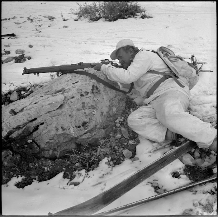 Trainee taking cover during training at the Ninth Army Ski School, Lebanon - Photograph taken by M D Elias