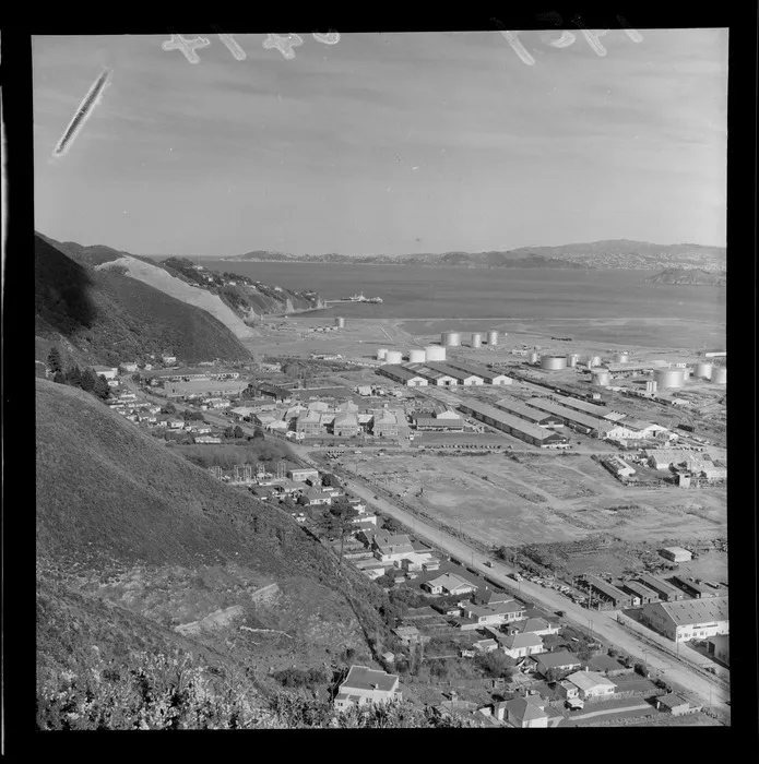 Gracefield industrial area from Wainuiomata hill, with Gracefield Road in foreground and Wellington Harbour beyond