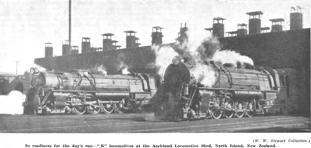 (W. W. Stewart Collection.) In readiness for the day's run—“K” locomotives at the Auckland Locomotive Shed, North Island, New Zealand