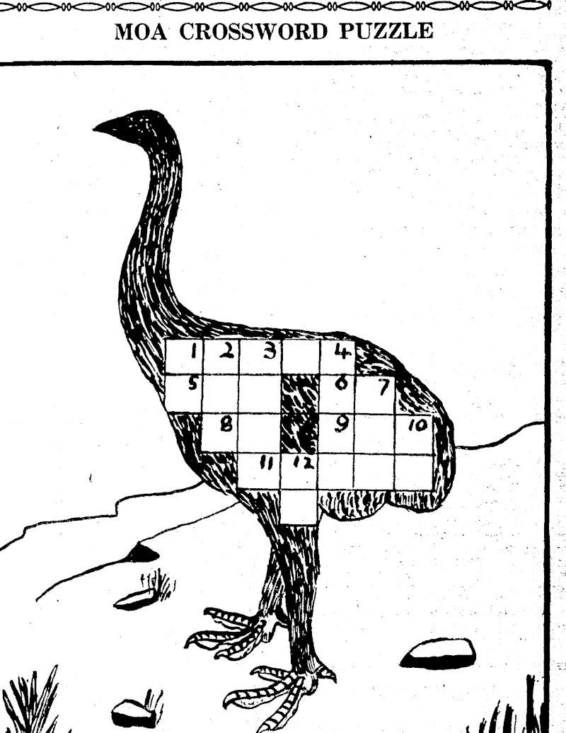 Across:—l, New Zealand native; 5, Sold by the dozen; 6. Completes 7; -•■•" 8, Otherwise; 9, Large Australian bird ; 11, Ant. Down:~l, Myself; 2, Past| 3, Bad man in fairy story; 4, An article in a list; 7,■••'.yith 6 adross is quiet «id domesticated; 10, Two-thirds of hut; 12, Mother. (Evening Post, 23 September 1939)