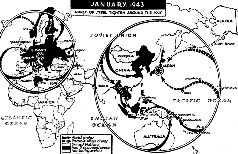 These maps show hoiv the major fighting trends-of a year ago have been reversed. At the start of 1942 the Axis was menacing Russia, England, West Africa, Egypt, the Near East, and India, and Japan was overrunning the north Pacific. The United Nations are now on the offensive, as illustrated here. In the ivest they threaten German forces all along the vast Russian front; the pincer offensive in Africa threatens the. Axis-held Mediterranean coast of Europe; and the Axis in France, Germany, and Italy is being blasted from the air. ln the Far East the m&ster plan of attack against Japan is revealing itself in sea, land, and air attacks. (Evening Post, 27 January 1943)