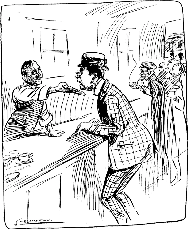RAILWAY REFRhSHMKNT.  Travellei per Express: Heie, waiter, 1 say, that ham sandwich you gave me just now wa^ the worst sandwich I ever had. Ao more taste than sawdust, and not bvj enough to see.  Refreshment Room Waiter (contemptuously): You've et yer ticket, this here's yer 'am san'wich. (New Zealand Free Lance, 30 October 1909)