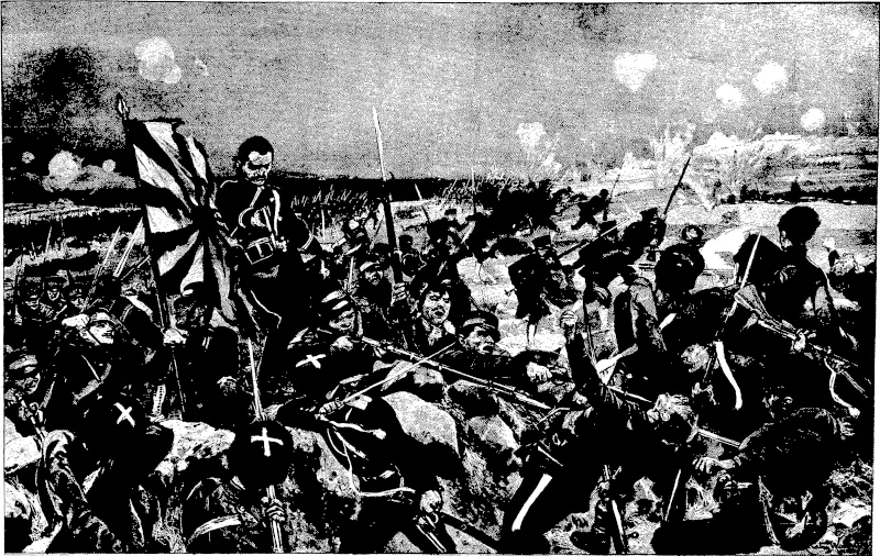 GENERAL OKU'S TROOPS STORMING IHE RUSSIAN ENTRENCHMENTS AT KIN-CHAU.  The capture of the strongly fortified Russian -.osition at Kin-chau and Nan-shaa by General Oku's troops was a magnificent feat of arms that placed the Japanese among the foremost military peoples of the world. According to tha Japanese official despatch, "the battle commenced on May 26. It went on from early daw a until 11a.m., when our artillery had silenced the enemy's guns. . . . The enemy had ereited fortifications of a semi-per'naneat character, which were loophoied, and returned a withering tire. Our troop j advanced with -desperate bravery to within 200 metres. . . . Great assistance was rendered us by the guaboats in Kin-chau Bay, despite the cross-fire from one  of th 9 enemy's gunboats in Talien-wan Bay." (Otago Witness, 24 August 1904)