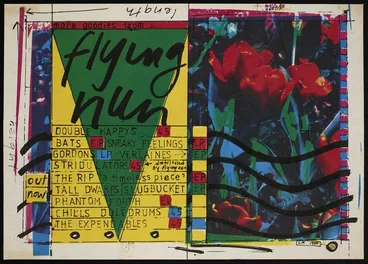 Image: Maclean, Lesley, fl 1985 :More goodies from Flying Nun out now. Double Happys 45; Bats EP; Sneaky Feelings LP; Gordons LP; Verlaines EP; Stridulators 45; The Rip "A timeless piece" EP; Tall Dwarfs; Slugbucket EP; Phantom Forth EP; Chills Doledrums 45; The Expendables 454 / L.M. 1984.