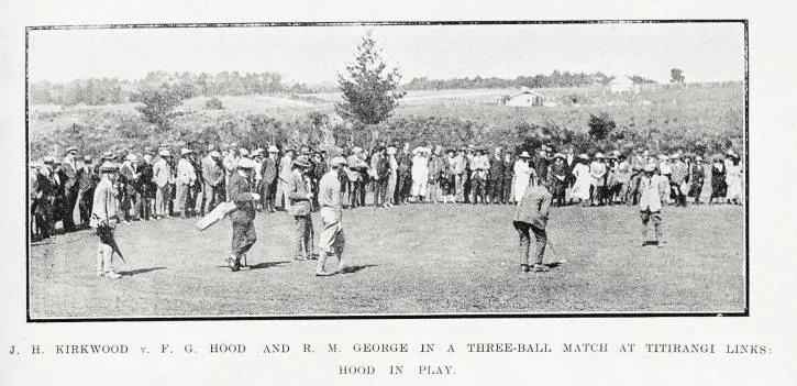 J.H. Kirkwood, V. F. G. Hood and R. M. George in a three-ball match at Titirangi links: hood in play