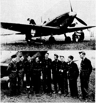Image: Some of the ground staff of the New Zealand Squadron, all of them New Zealanders, with, at top, one of the Spitfire machines used by the squadron. (Evening Post, 20 May 1941)