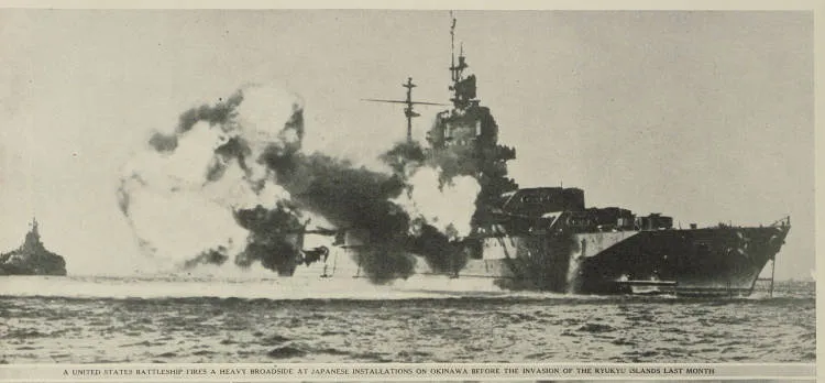 A United States battleship fires a heavy broadside at Japanese installations on Okinawa before the invasion of the Ryukyu islands last month